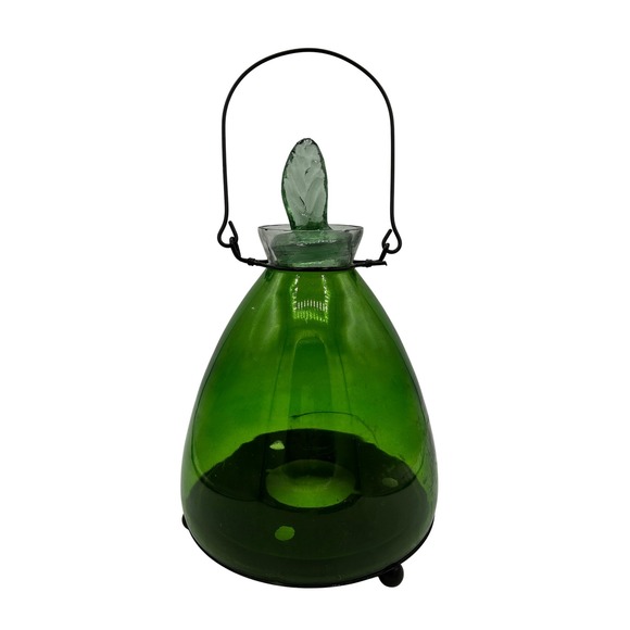 Green Handblown Glass Vintage Bug Catcher Candle Holder Lantern Wire Handle - Picture 1 of 11